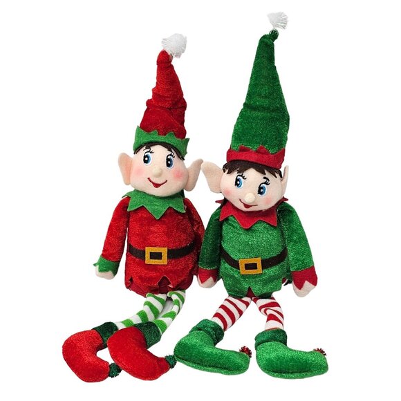 Plush Christmas Red and Green Elf Set, Striped Leggings, Adjustable Elf Hat - Picture 2 of 6